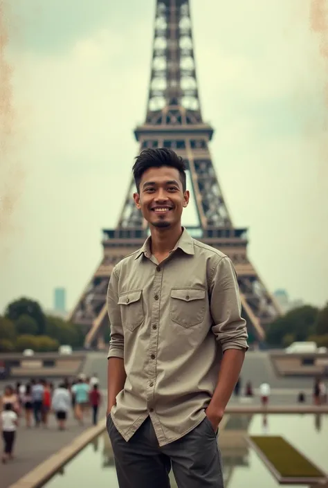 original image of man from Indonesia, faded cut with casual clothes and shoes, slight smile, Eiffel tower background