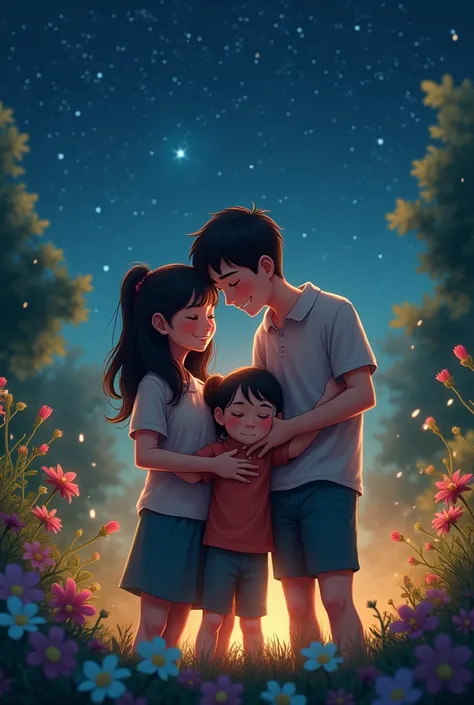 A happy family with tears on their faces, They hug each other in a garden with a starry sky 