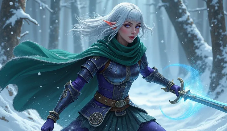 (Ultra-detailed face, looking away, Fantasy Illustration with Gothic, Ukiyo-e, Comic Art, Rich colors), 
BREAK 
(A dark elf female ranger is snowing heavily, and she is lowered with a shortsword, both hands glowing blue-white with cold-enhancing magic, and...