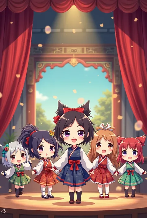 A group of people performing theater, in chibi anime style full body