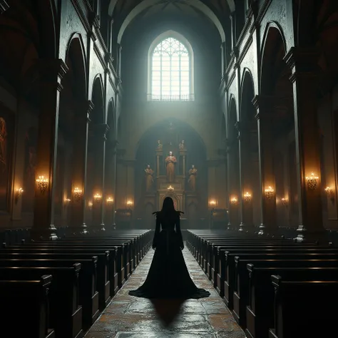 Church interior, satanic church, penumbra, darkness, luz outfit, window lighting, luz outfit por ventana, wide camera angle, Pictures on the walls of Lucifer, images in church of Satanism, Images of demons, Image of deadly sins, Great altar to Lucifer, Luc...