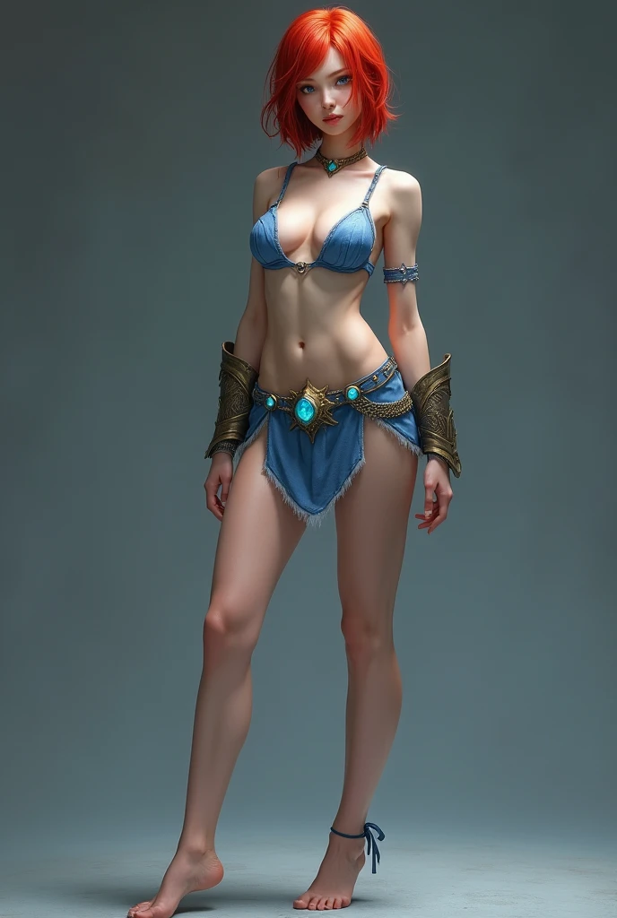 A (((full-body))), ((ultra-detailed)), ((masterpiece)) fantasy art illustration of a ((World of Warcraft)) character, in the style of the video game. She is a beautiful, young, female ((human)) with short red hair and blue eyes. She has exquisite caucasian...