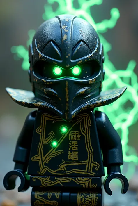 Créer moi un lego ninja go des 4 bannis futuriste a moitié oni fantôme et ninja maléfique avec un masque de oni veangeance et destructeur de couleur noir, gris sur la tête avec une peau NOIR et dans le visage il faut des traces d’électricité et bleu foncé ...