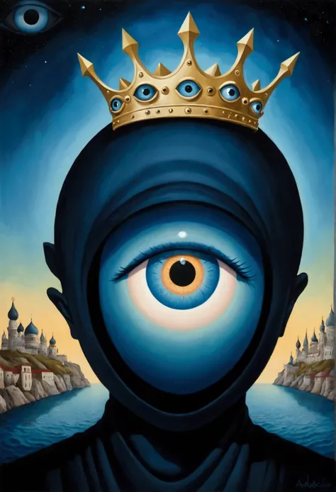 There is a blue eye in the painting，Wearing a golden crown, Andrei Korkutin (Andrei Kolkoutine) Surrealism, Winner of the Behance competition, Pop surrealism, Portrait of a mysterious giant eye, All-Seeing Eye, eyeball, All-Seeing Eye, s eyes, void eyeball...