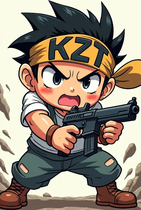 In Crayon Shin-chan, Maeng-gu is fighting while holding a gun and wearing a headband. The headband has KZT written on it.