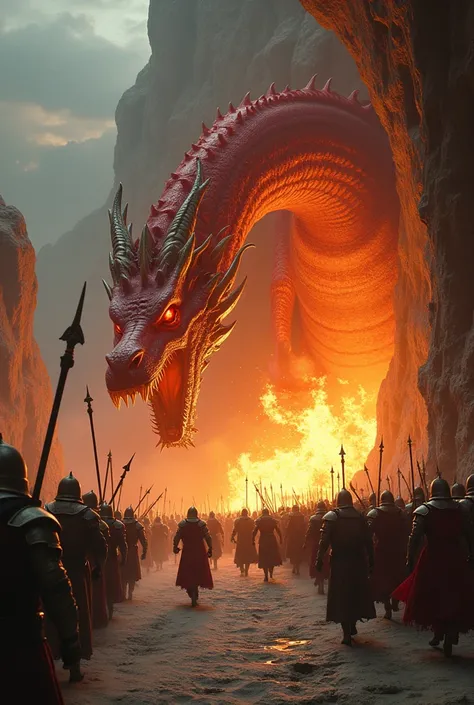 a medieval army of soldiers running from a massive fire-breathing dragon, in front of an ancient treasure cave, using its claws, tail, and magical powers, highly detailed, cinematic lighting, dramatic composition, fantasy art, concept art, digital painting...