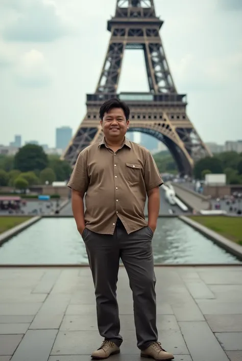 original image of a man from Indonesia with a slightly fat body, faded cut with casual clothes and shoes, faint smile, Eiffel Tower background