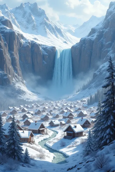 100 hudreds of houses and waterfall in huge snowy hole