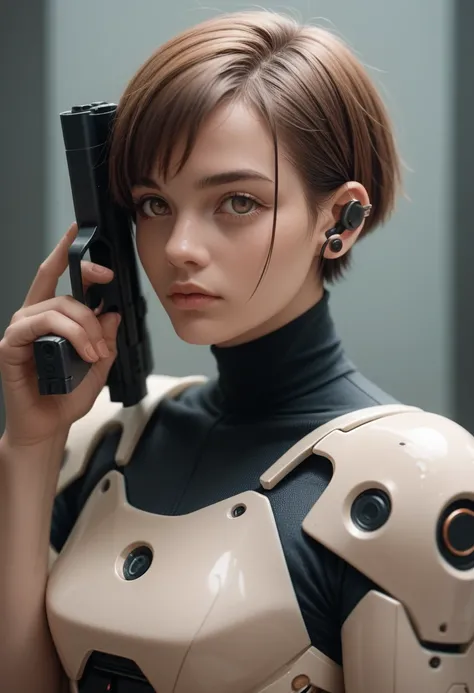  using earphone piercing gaze,hourglass body, wearing robot suit short brown hair light brown eyes with a gun in hand 