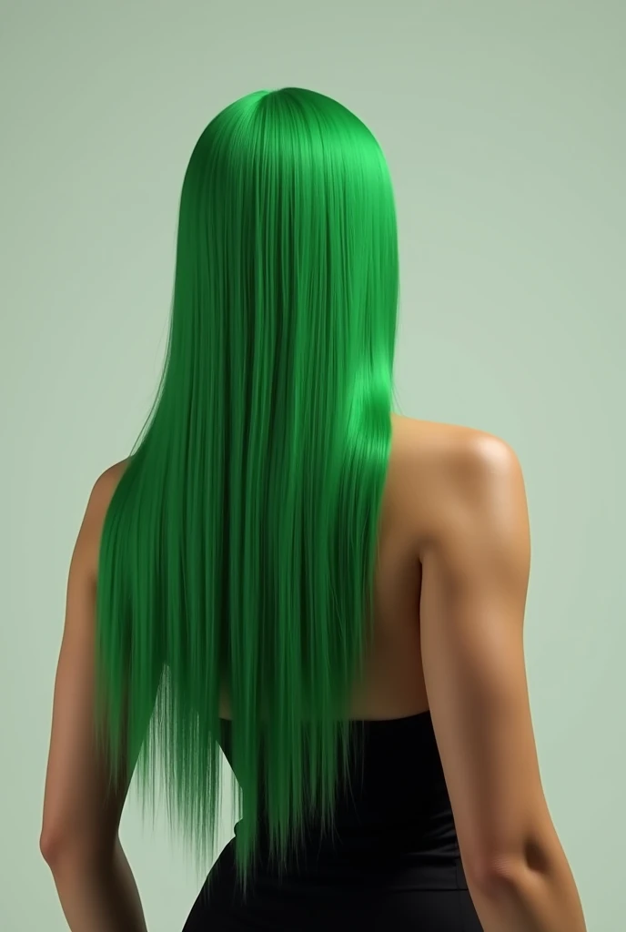 Back view very long straight green hair is cut to blunt line about the shoulder length chopped hair falls tan skin