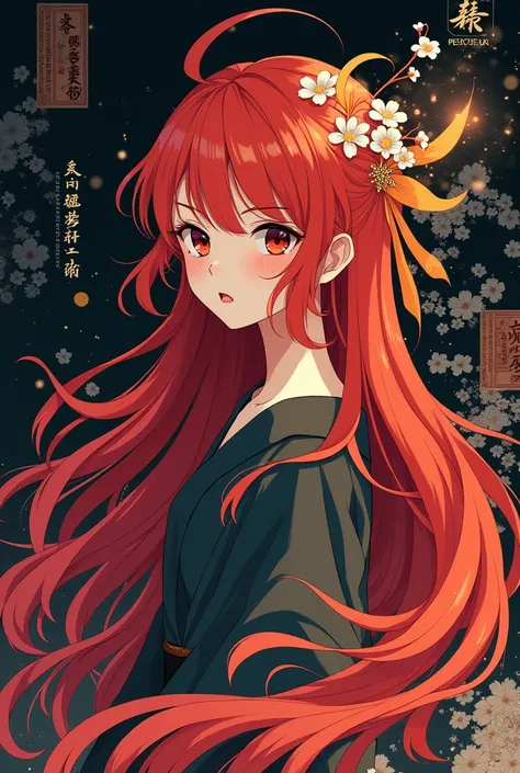 Horizontal, Anime girl, long hair, red clothing, dark background with traditional art elements, and lots of Japanese illustration and writing in the middle-right