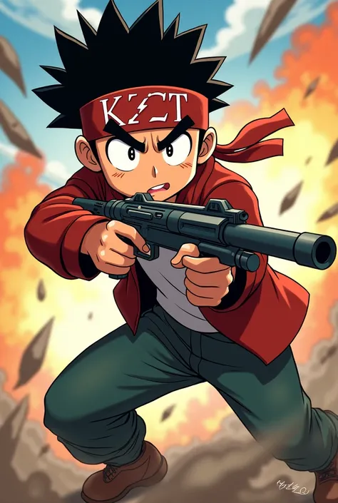 Shin-chan is fighting while holding a gun and wearing a headband. The headband has KZT written on it.