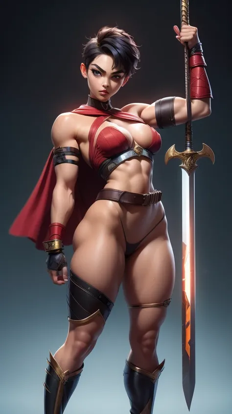 
(masterpiece), best quality, expressive eyes, perfect face(masterpiece), best quality, expressive eyes, perfect face, Female warrior, short black hair, scar on left eye, bronze skin, red lips, amber eyes, wide hips, thicc thighs,  large breasts, red cape ...