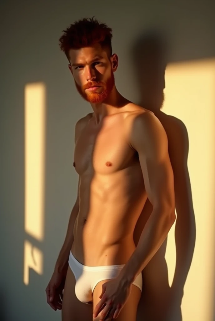 young white man with red hair and beard, wearing white low-cut underwear, he is standing leaning against a white wall, the sunlight is cutting out the scene, light and shadow
