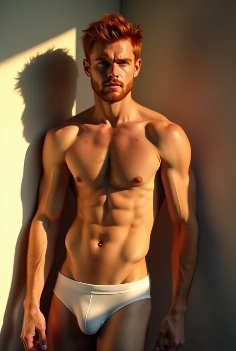 young white man with red hair and beard, wearing white low-cut underwear, he is standing leaning against a white wall, the sunlight is cutting out the scene, light and shadow
