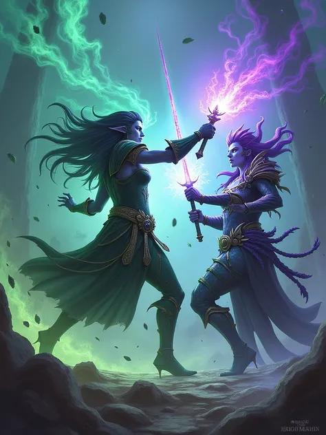 photorealistic of the epic battle betweenTyrande whisperwind versus Malfurion Stormrage from World of Warcraft hitting their weapon all their ultimate power against the opponent, purple pulse, green pulse and explosion from their weapon, dynamic motion, in...