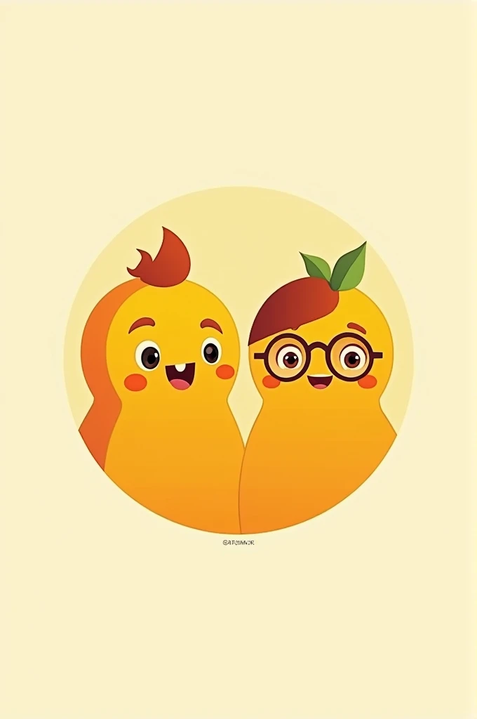 Draw 2 animated half oranges. Customized with face.  1 must be male, bet and a well-groomed tuft; and the second must be female. with glasses, very happy and young That the drawings are more minimalist and are within a circular logo 