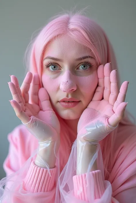 Create a character whose nose is covered in pink powder and whose hands are covered in a ziploc bag with pink powder. 