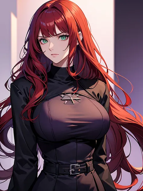 green eyes, red hair with long bangs, noble. sadistic women, wavy long hair. strong woman. purple outfit. she quiet. wear black jacket and dark purple t shirt. background in lab. she is mafia