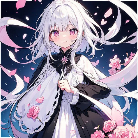 Transparent watercolor、、Beautiful layout and motif、Depth of written border、smile、1 person、Silver Hair((Medium Hair、Straight Hair))、White bristles、Fashionable design clothes、Background white、Rose petals、cute、black and pink goth、