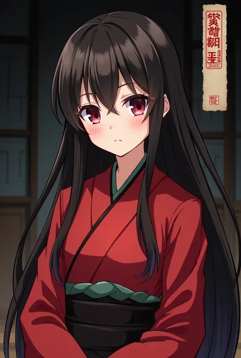 (Horizontal, solo, half body photo 16:9), (Anime girl, long hair, red clothes, neutral face), (dark background japanese), and a Japanese stamp in the right 