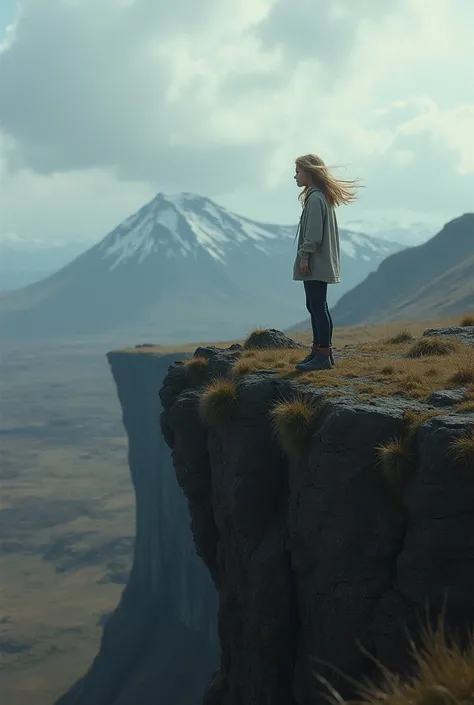 Teen girl on a cliff in Iceland, blonde lo