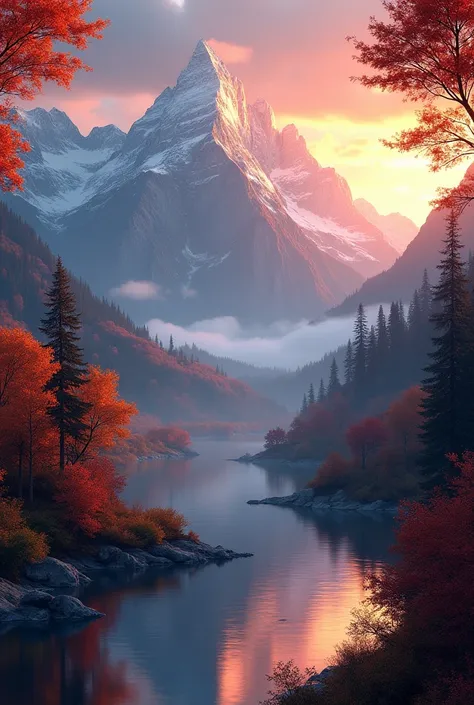 Mountains at sunset with a river and many trees in autumn 