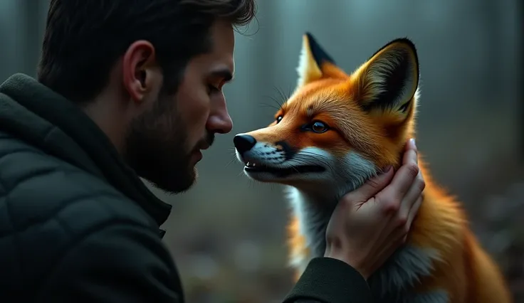 There is a shadow、Photorealistic、Ultra HD、A man is touching a fox&#39;s head、The fox is smiling a lot、Side view