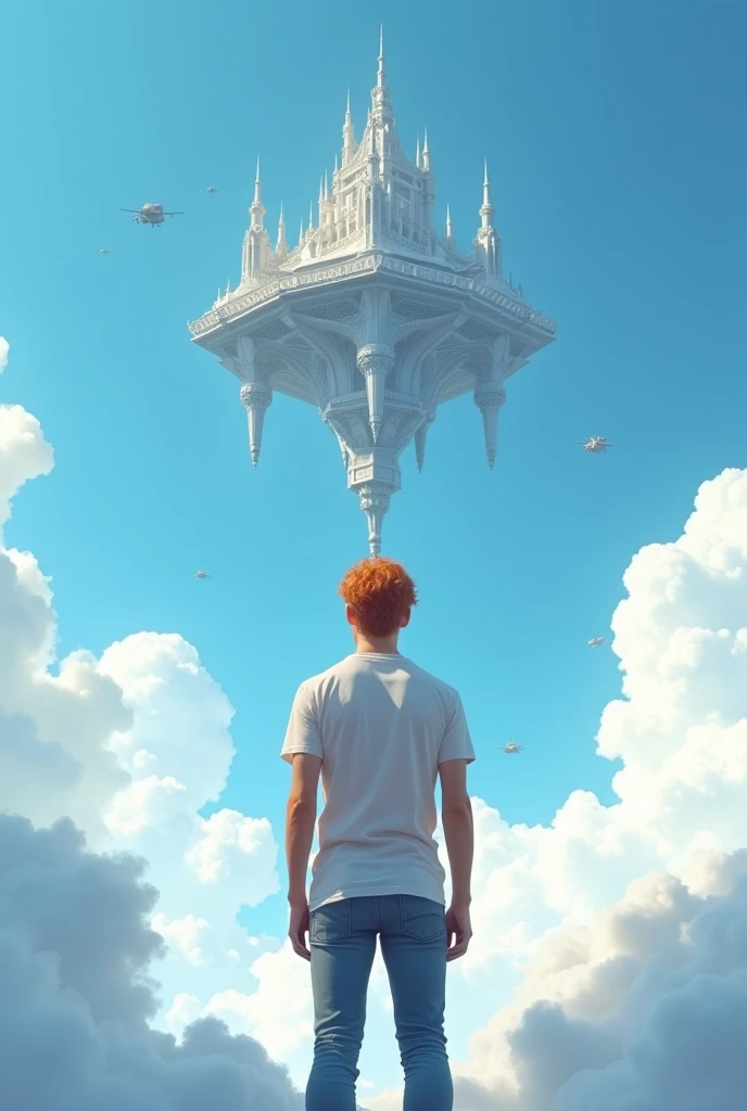 A cinematic medium shot of a man with reddish-blonde hair wearing a t-shirt and jeans. He is standing knee-deep in clouds, between fluffy white clouds and looking at a magnificent fantasy city with intricate details. The city is floating in the air above t...