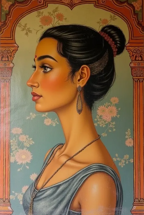 Sigiriya wall art beautiful woman in real life ,light gold mixed yellow skin with long beautiful nose side view 