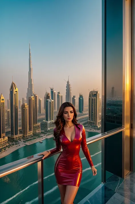 A beautiful female model wearing a red latex dress, standing on the balcony of a 50th floor luxury hotel in Dubai, (best quality,4k,8k,highres,masterpiece:1.2),ultra-detailed,(realistic,photorealistic,photo-realistic:1.37),1girl,beautiful detailed eyes,bea...