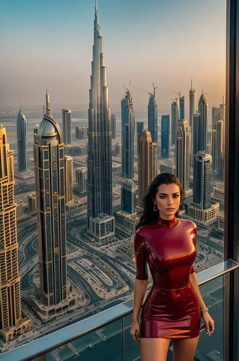 A beautiful female model wearing a red latex dress, standing on the balcony of a 50th floor luxury hotel in Dubai, (best quality,4k,8k,highres,masterpiece:1.2),ultra-detailed,(realistic,photorealistic,photo-realistic:1.37),1girl,beautiful detailed eyes,bea...