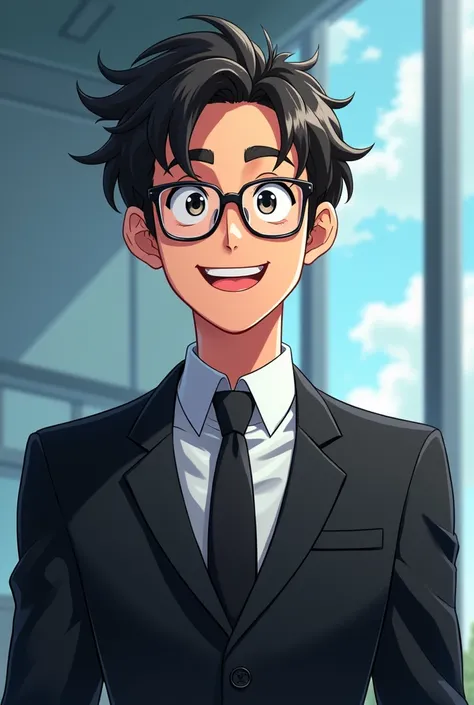 Man, black suit, glasses, company background, businessman, kind face, skinny, anime style, Japanese, looking straight ahead, big, hair hanging down, extremely happy