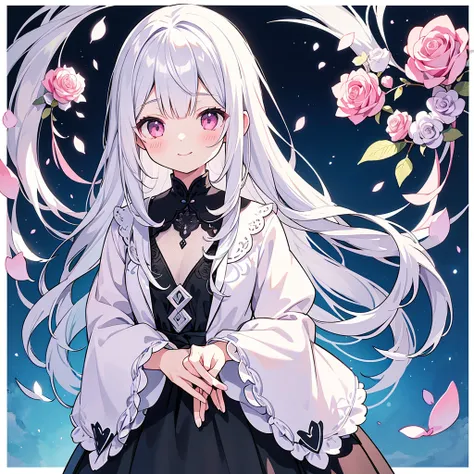 Transparent watercolor、、Beautiful layout and motif、Depth of written border、smile、1 person、Silver Hair((Medium Hair、Straight Hair))、White bristles、Fashionable design clothes、Background white、Rose petals、cute、black and pink goth、