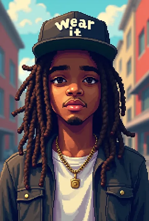 pixel art of a boy with long dreadlocks, goatee and cap where it is written "Wear it" with street wear clothes