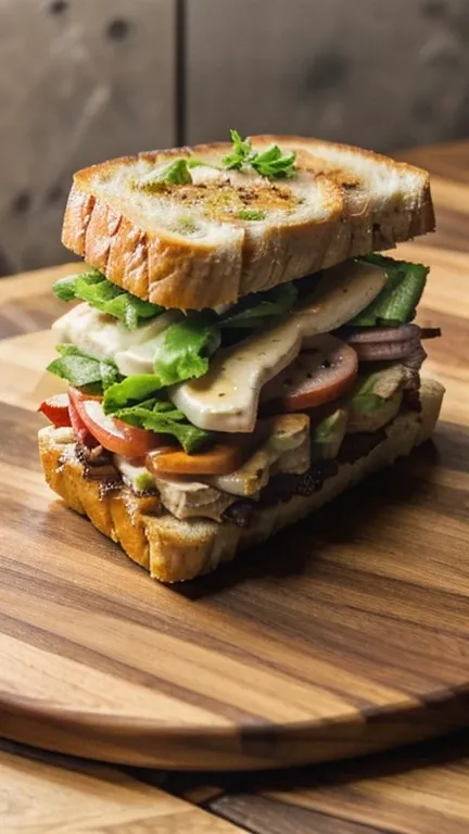 A sandwich in a wood plate, in a table, high detailed, pothography style