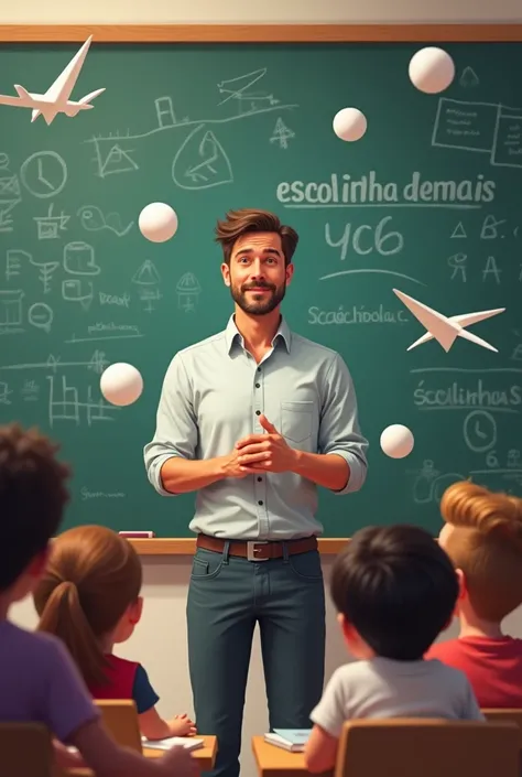 Logo with the name “ESCOLINHA DEMAIS” with a 30-year-old male teacher in front and a chalkboard, in which students are logging paper balls and paper airplanes