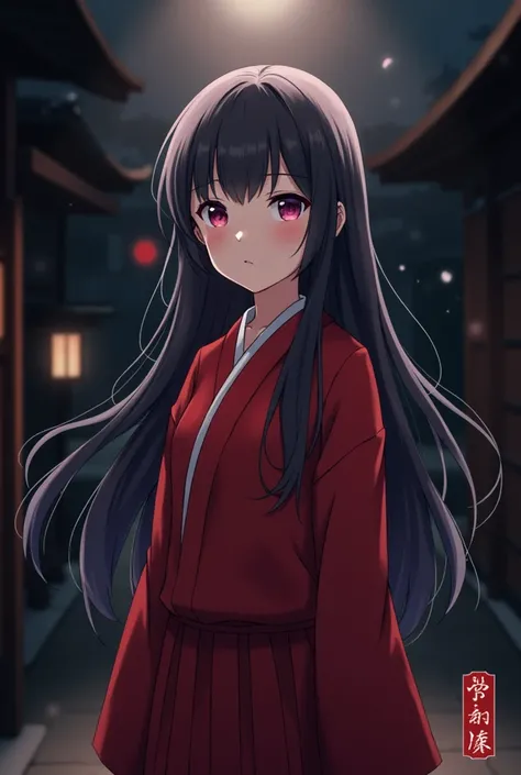 ( solo, half body photo 16:9), (Anime girl, long hair, red clothes, neutral face), (dark background from all sides, japanese elements), and a Japanese stamp in the right 