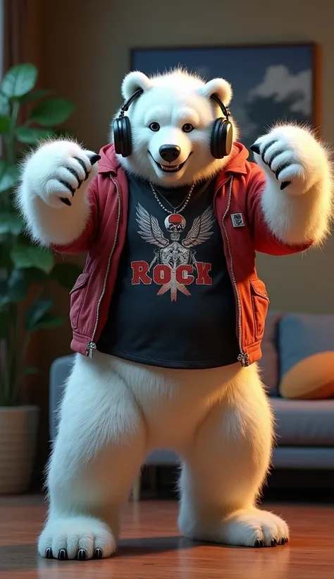 Hyperrealistic furry 3D art, male focus, muscular ice bear (white fur), 4 fingers, shirt (roct theme), jacket, pants, bare feet, smile, headphones in ears, pose, living room (modern design, plant), listening to rock, dancing like crazy, photorealistic, (ar...