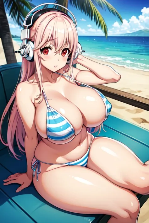 (8k, RAW photo, best quality),Super Sonico enjoying the beautiful beach scenery, with her red eyes shining and headphones on, sitting on the sand in a white and blue striped bikini, massive breasts, huge breasts, 1girl, solo, open breasts, nipples, nsfw,