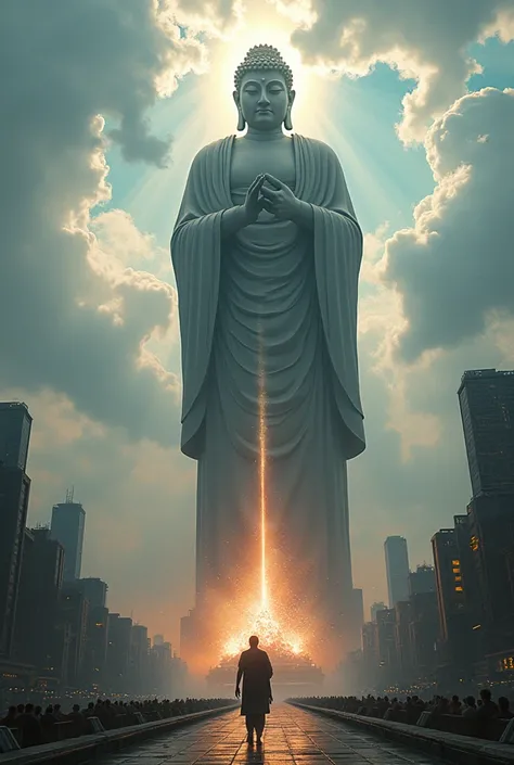 Super huge Buddha statue、Shoots lasers from eyes、Destroy the spaceship that has invaded Earth by firing a laser at it.、Big Explosion