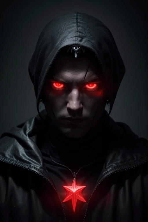 man, Knight Templar, with dark clothing, sound bite, with eyes illuminated in red, HD image, 4k, realistic image