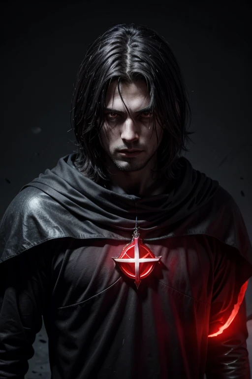 man, Knight Templar, with dark clothing, sound bite, with eyes illuminated in red, HD image, 4k, realistic image