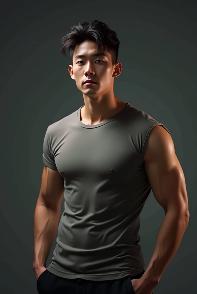 Create a realistic image of a 2 Korean man with an oval face shape, weighing 65 kg, with brown eyes and brown hair styled in a trendy fadecut. He should have a fit physique with normal abs, wearing a fitted shirt. The overall lighting should be slightly da...