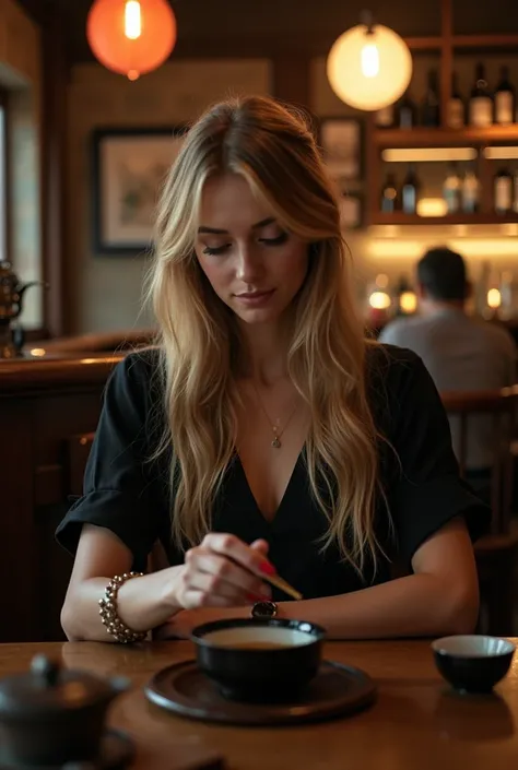 A woman drinking Japanese tea, blonde，Long Hair，Staring at Japanese tea、Rear view，slim，Authentic interior，restaurant，Optical Lenses, , (Highest quality,4K,8k,High resolution,masterpiece:1.2),Very detailed,(photograph,photophotograph,photo-photograph:1.37),...