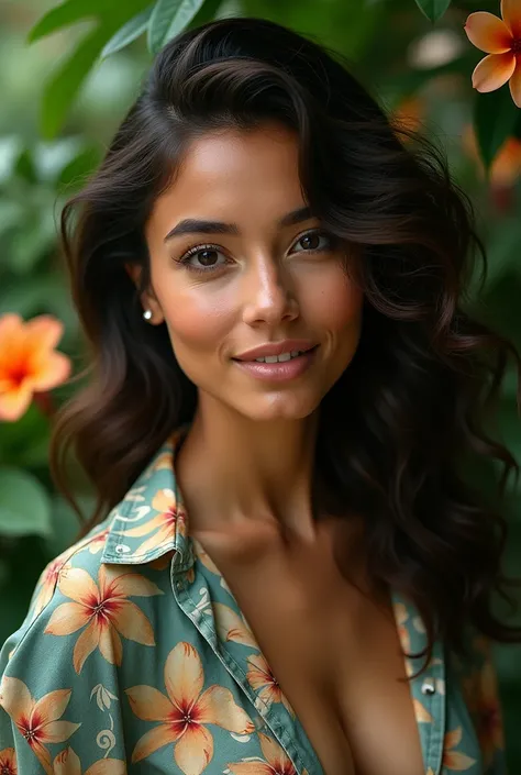 A Brazilian woman in a lush tropical garden, wearing an open shirt with a floral print, with a close-up capturing the harmonious beauty between her breasts and the natural flowers, showing off your natural charm and outgoing personality.