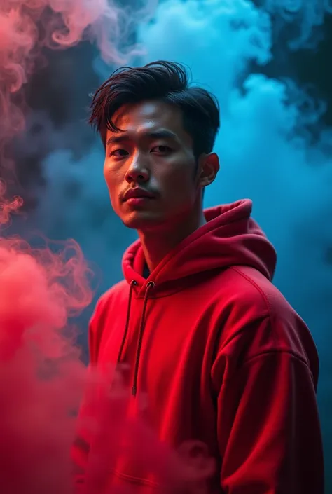 A  Indonesian guyin a red sweatshirt and black short hair, handsome, red and blue smoke background 