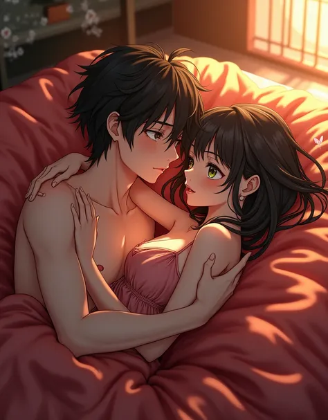 Create a anime style landscape image. A girl with black hair and brown eyes having nude sex on the bed with a boy with brown hair and green eyes 