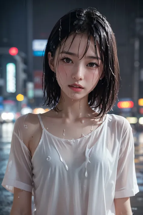 Best image quality, masterpiece, Ultra-high resolution, (Loyalty :1.4), Pretty Japanese woman, 1 person, Detailed face, Detailed eyes, Correct human anatomy, ,tears, tears drop, (White shirt), (Wet clothes stick to the body:1.4), Exposing shoulders, Wet Ha...