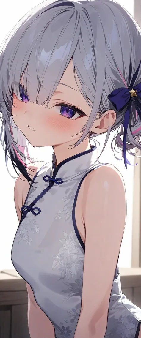 (musterpiece), (best quality), 
1 girl, solo, vtuber style, cool girl, hololive, vtuber, amane kanata, multicolored hair, grey hair, short hair, purple eyes, cheongsam, 